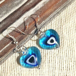 Evil Eye Murano Heart Earrings Light and Dark Blue